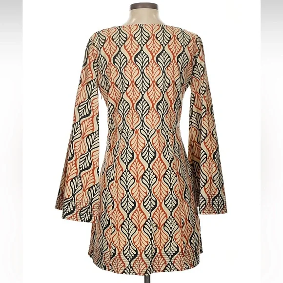 Free People Boho Tunic Dress Lace-Up Bell Sleeve Leaf Print – Small - Picture 2 of 7